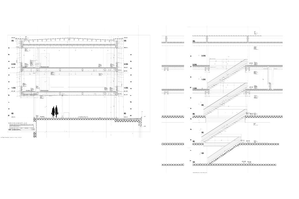Schnitte mit Treppendetail M 1:20. Zeichnung: Itten + Brechbühl AG, 1996