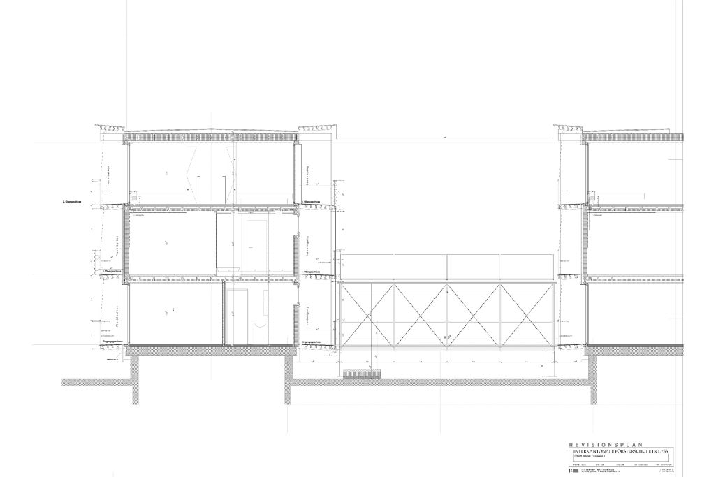 Schnitt Internat und Passerelle M 1:20. Zeichnung: Itten + Brechbühl AG, 1996