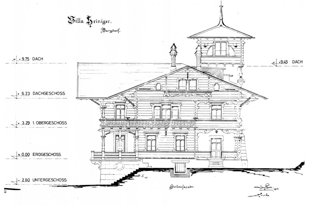 Ansicht Ost – Baueingabe mit Skizze Lifteinbau, 1993. Zeichnung Jacques Gros, 1894
