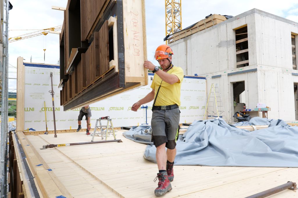 Montage Wandelement. Foto: Strüby Holzbau, 2022