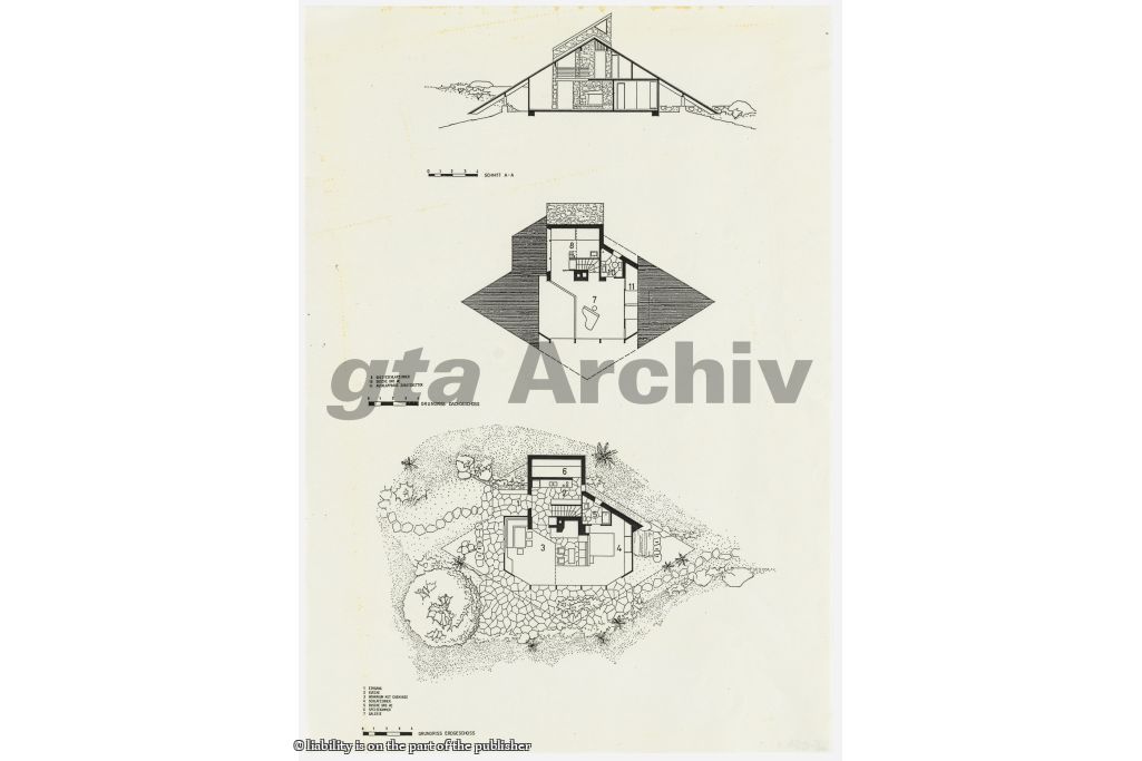 Grundrisse und Schnitt. Zeichnung: Ernst E. Anderegg, um 1960 (gta Archiv, ETH Zürich, 265_018_1.)
