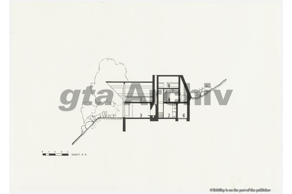 Schnitt. Zeichnung: Ernst E. Anderegg, um 1960 (gta Archiv, ETH Zürich, 265_018_2.)