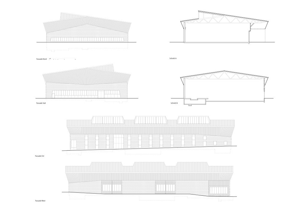 Schnitte und Ansichten M 1:200. Zeichnung: Seiler Linhart Architekten, 2009