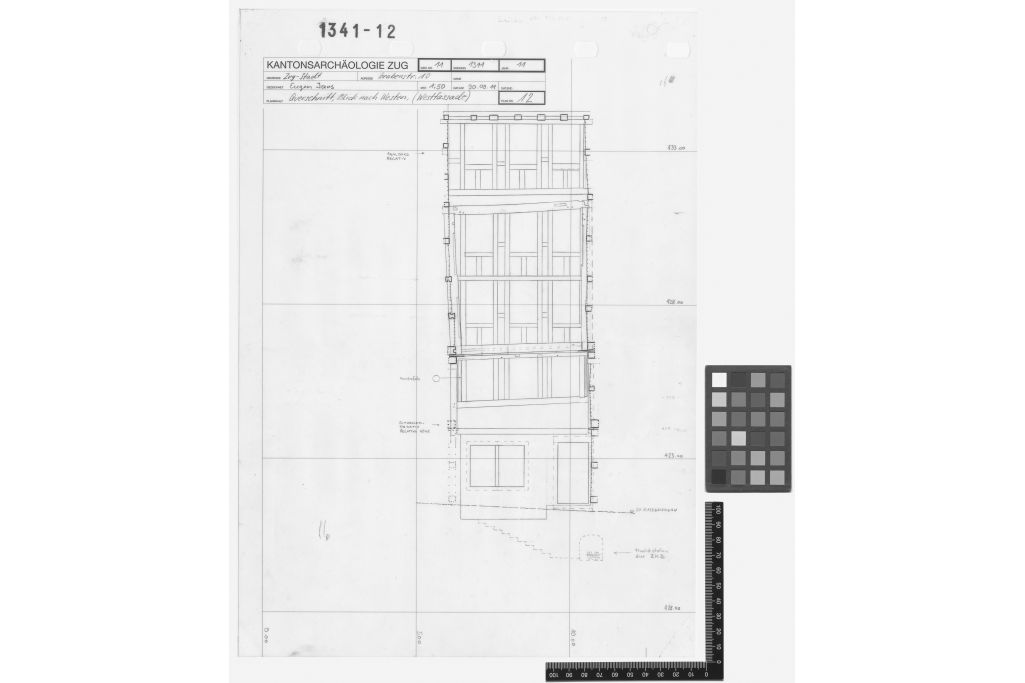 Ansicht West, Bauaufnahme der Archäologie. Zeichnung: Eugen Jans, Amt für Denkmalpflege und Archäologie des Kantons Zug (01341_PL_0012), 2011