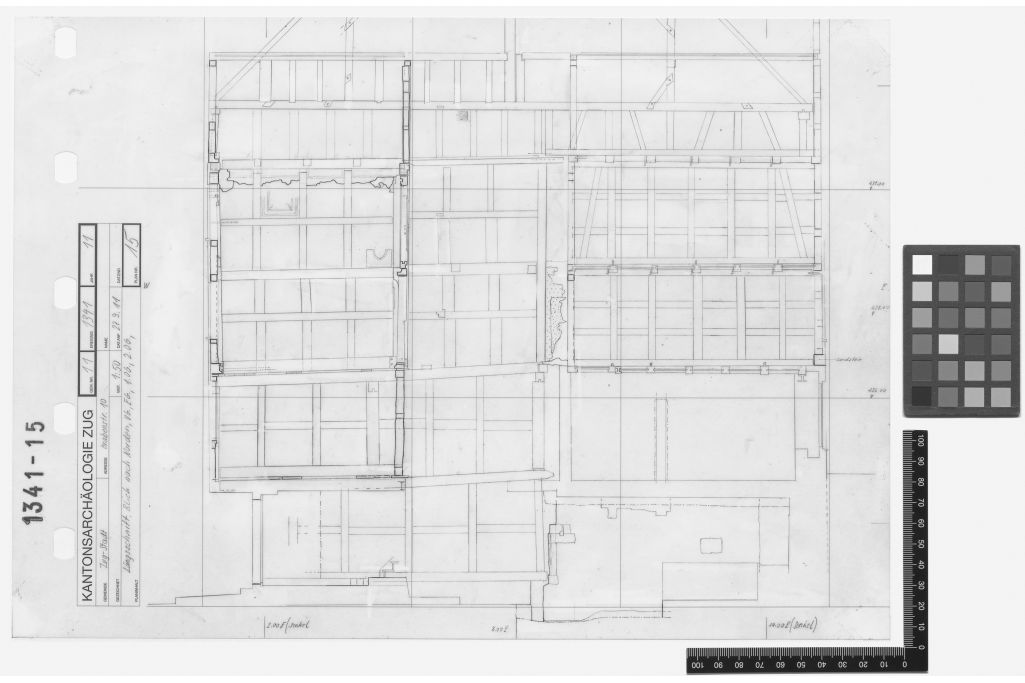 Längsschnitt, Bauaufnahme der Archäologie. Zeichnung: Heini Remy, Amt für Denkmalpflege und Archäologie des Kantons Zug (01341_PL_0015), 2011