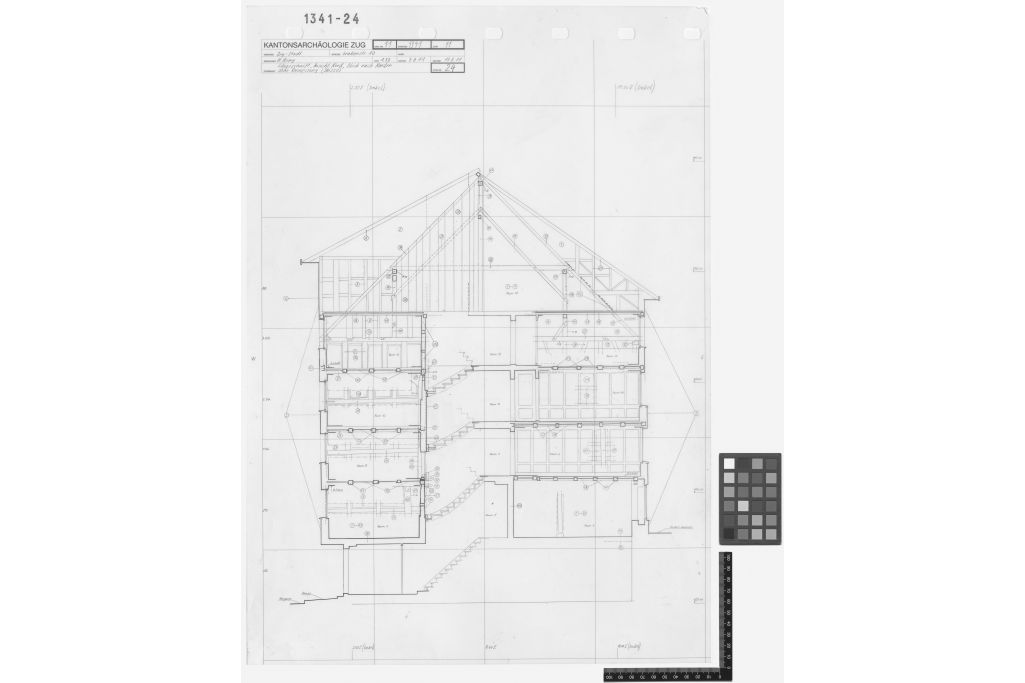 Querschnitt, Bauaufnahme der Archäologie. Zeichnung: Heini Remy, Amt für Denkmalpflege und Archäologie des Kantons Zug (01341_PL_0024), 2011