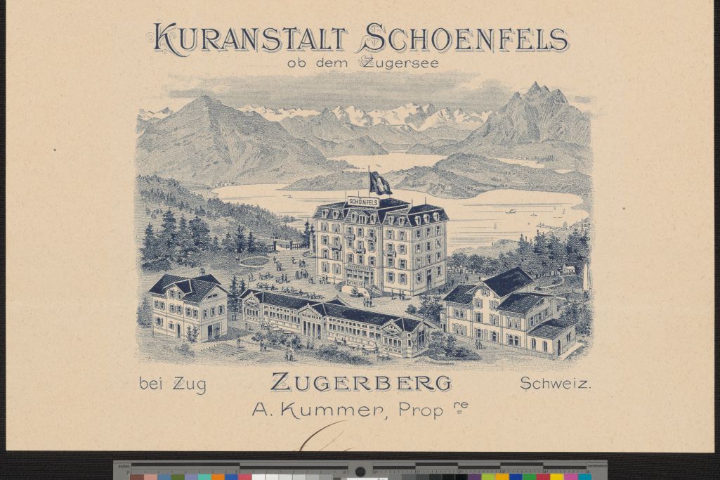 «Kuranstalt Schoenfels ob dem Zugersee». Holzstich: A. Kummer, ca. 1880 (Zentralbibliothek Zürich, https://doi.org/10.3931/e-rara-76223).