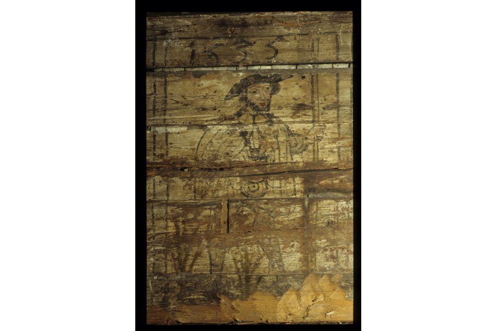 Wandmalerei: Darstellung eines Pilgers an der Westwand der kleinen Kammer im 1. Obergeschoss. Foto: Heini Remy, Amt für Denkmalpflege und Archäologie des Kantons Zug (804_22), 2004