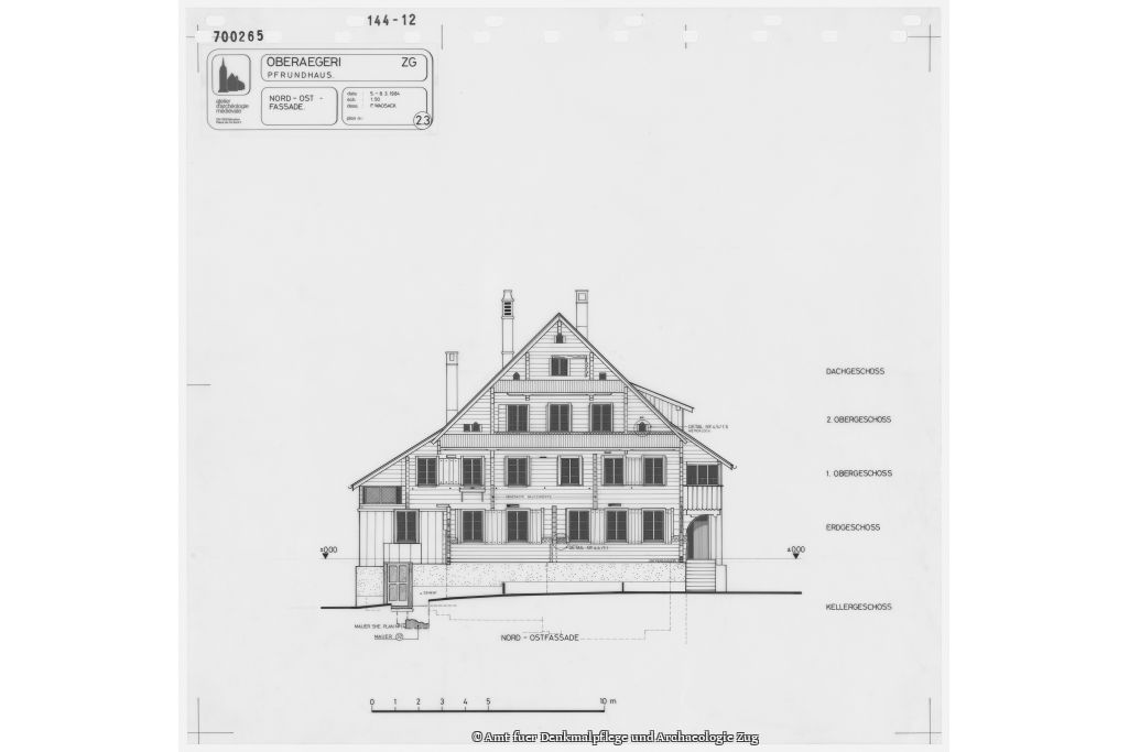  	Ansicht Nordost. Zeichnung: F. Wadsack, Amt für Denkmalpflege und Archäologie des Kantons Zug (0144_PL_0012),1984