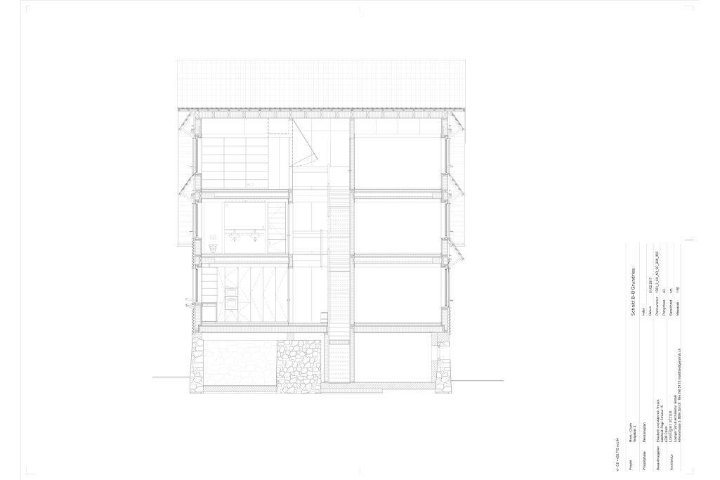 Längsschnitt M 1:50. Zeichnung: Loeliger Strub Architektur, 2015