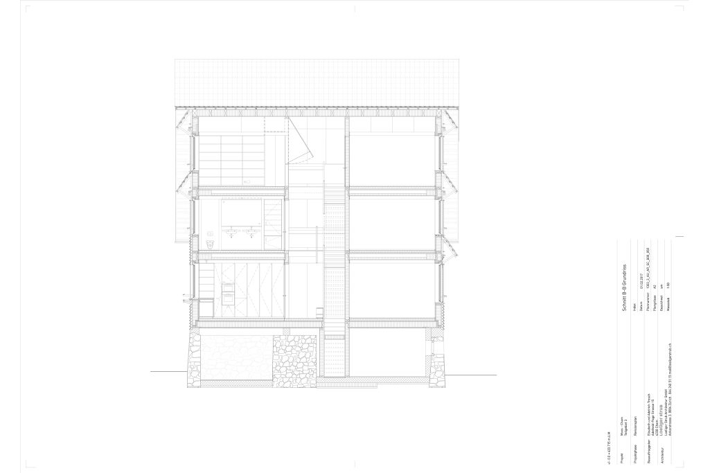 Längsschnitt M 1:50. Zeichnung: Loeliger Strub Architektur, 2015