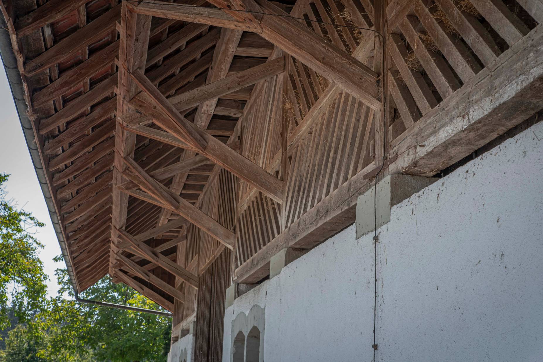 Fassade Südost mit von Flugpfette, Stützen und Zugbändern getragenem Vordach. Foto: Elia Schneider, 2022.
