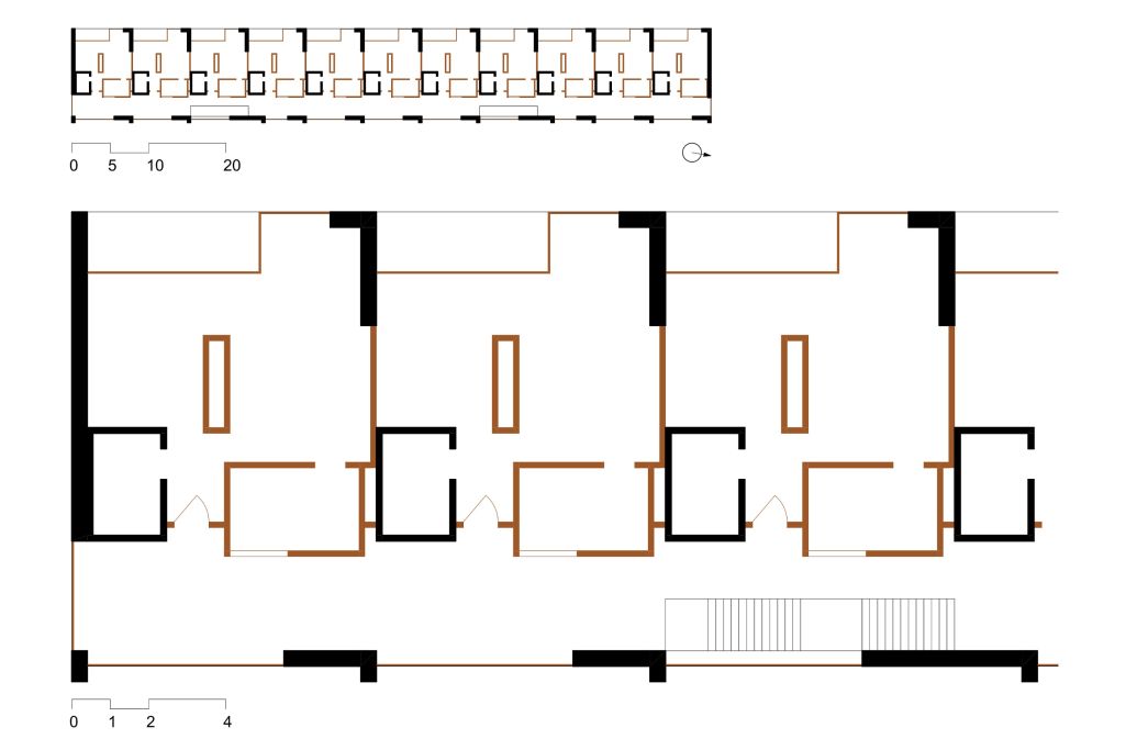 Grundriss M1:500 und Ausschnitt M1:100 mit braun markierten Holzelementen. Zeichnung: Elia Schneider, 2022