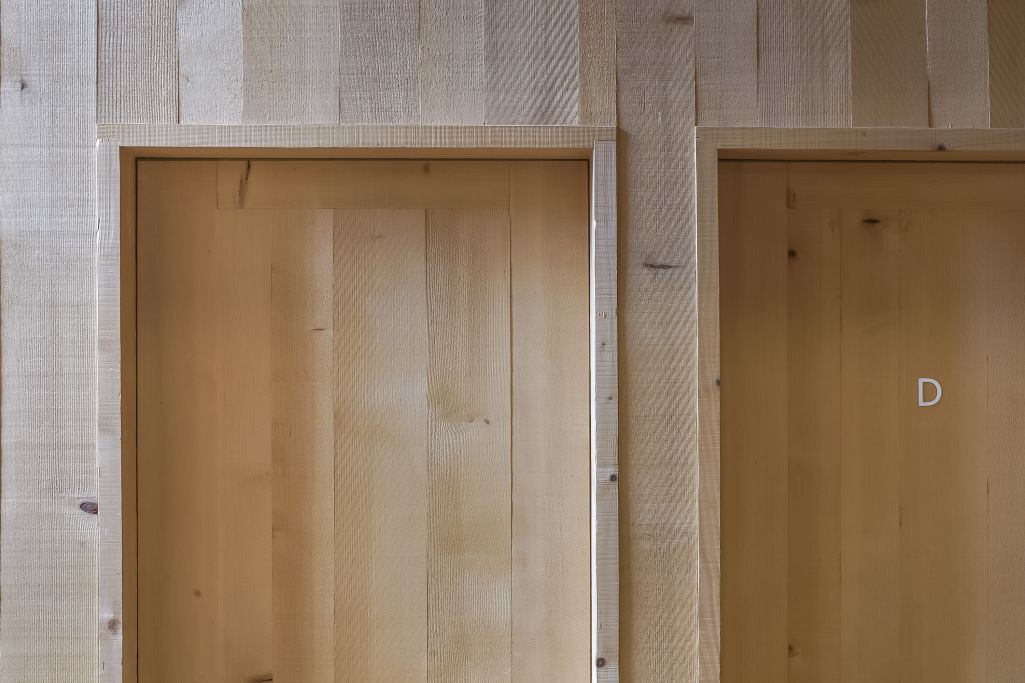 Detail Türe mit Wandverkleidung aus sägeroher Fichte. Foto: Elia Schneider, 2022