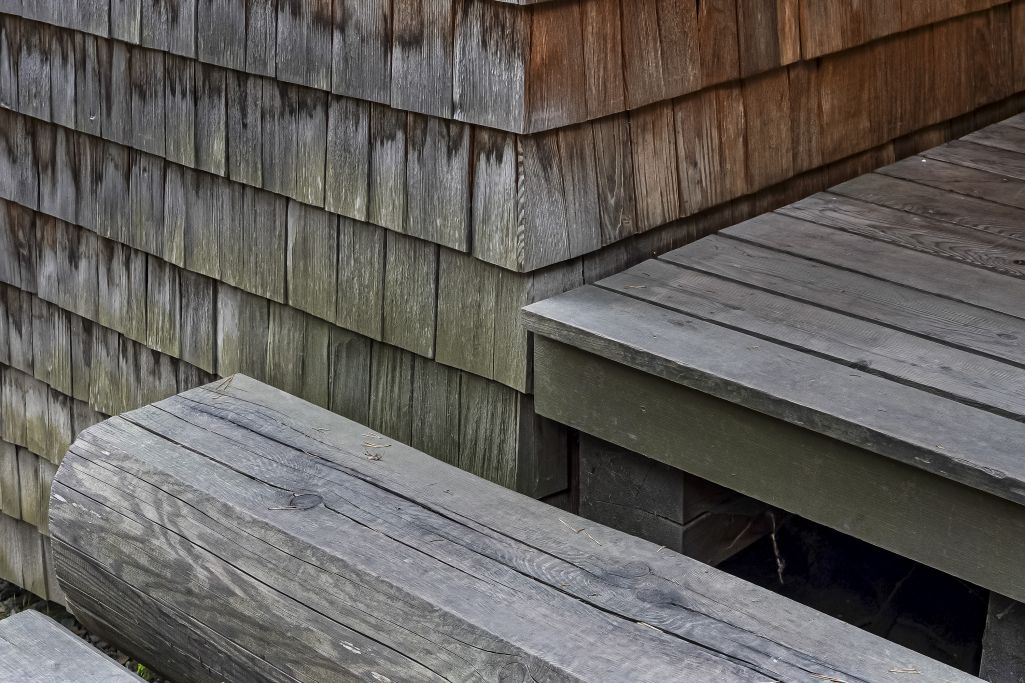 Detail der Terrasse mit Treppe aus Baumstämmen. Foto: Elia Schneider, 2022