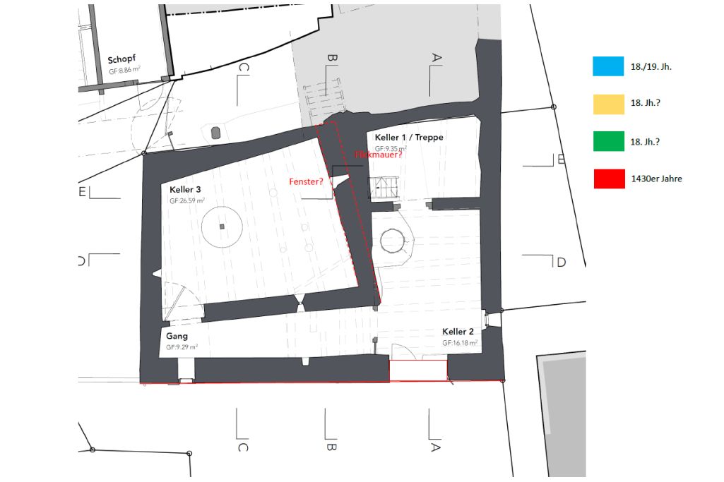 Mutmassliche Bauphasen, Grundriss Erdgeschoss. Zeichnung: Mathias Seifert, Archäologischer Dienst Graubünden, 2022