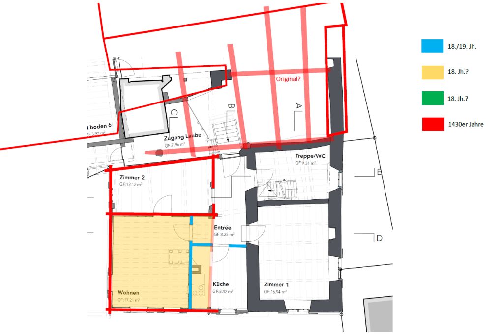 Mutmassliche Bauphasen, Grundriss 1. Obergeschoss. Zeichnung: Mathias Seifert, Archäologischer Dienst Graubünden, 2022