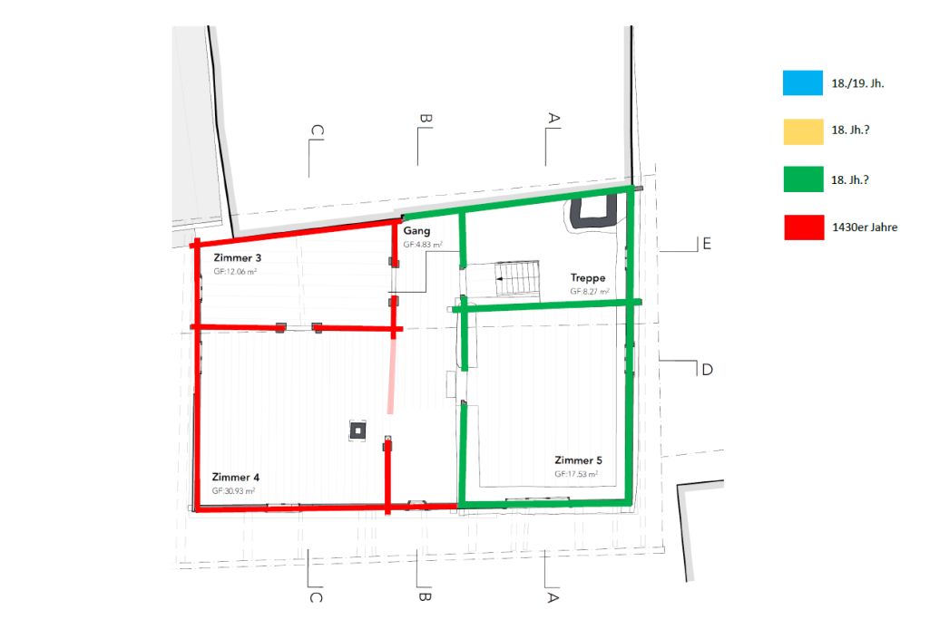Mutmassliche Bauphasen, Grundriss 2. Obergeschoss. Zeichnung: Mathias Seifert, Archäologischer Dienst Graubünden, 20224