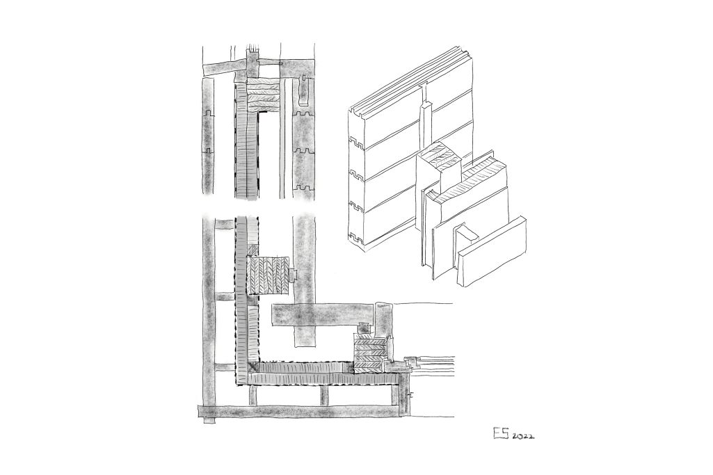 Wandaufbau: Fenster, Eckverbindung und Schichtung. Zeichnung: Elia Schneider, 2022