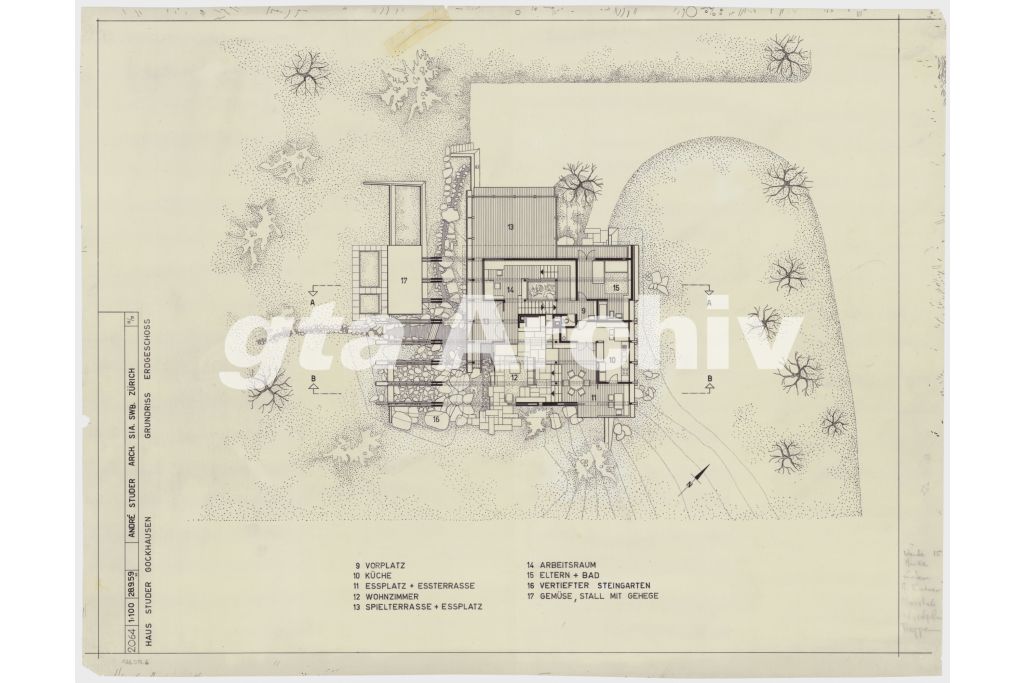 Grundriss Erdgeschoss. Zeichnung: André Studer, 1959 (gta Archiv, ETH Zürich, 126_017_6)