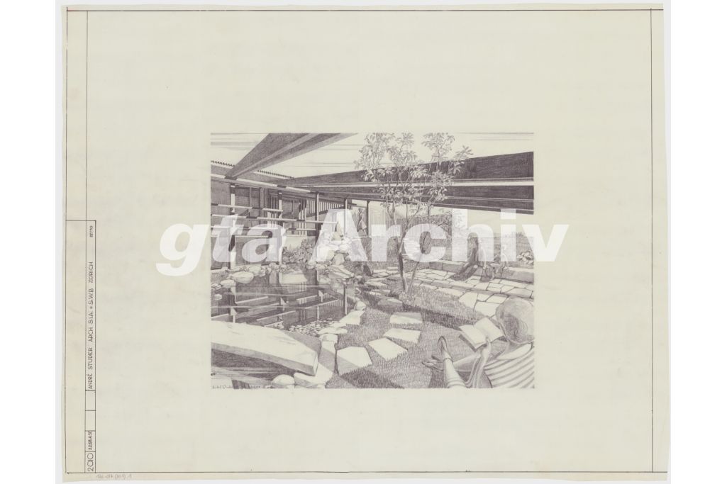 Perspektive Sitzplatz. Zeichnung: André Studer, 1958 (gta Archiv, ETH Zürich, 126_017_1)