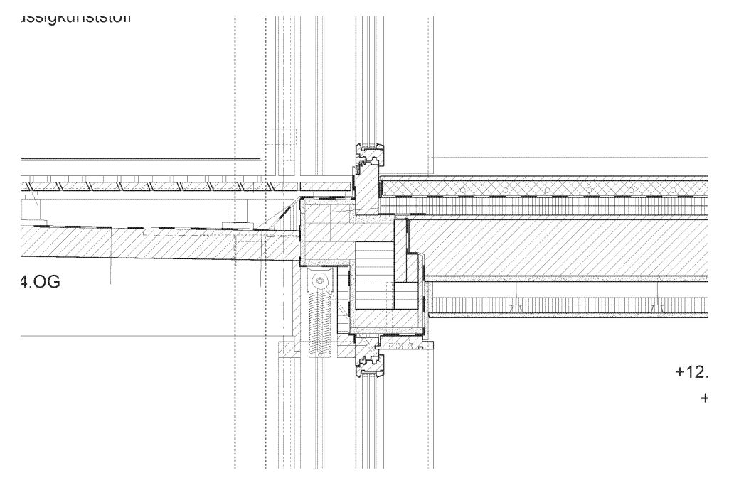 Aussenwand-Decken-Knoten im Bereich der Laubengänge. Zeichnung: Rolf Mühlethaler Architekten, 2013 