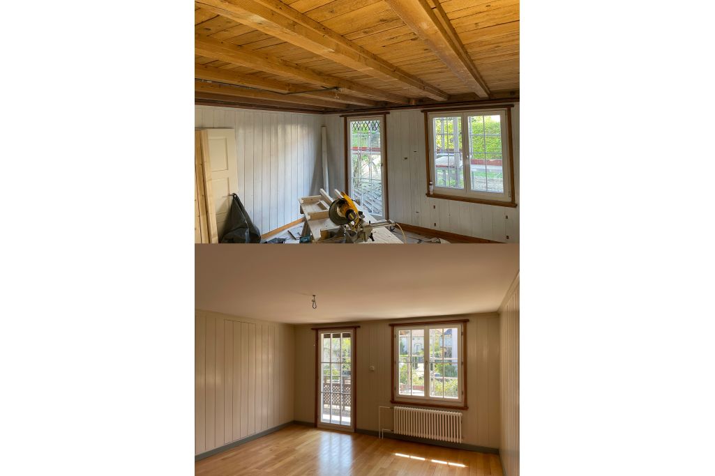 Innenraum mit Holzbalkendecke: Umbau – Fertigstellung. Foto: Isler Architekten, 2021