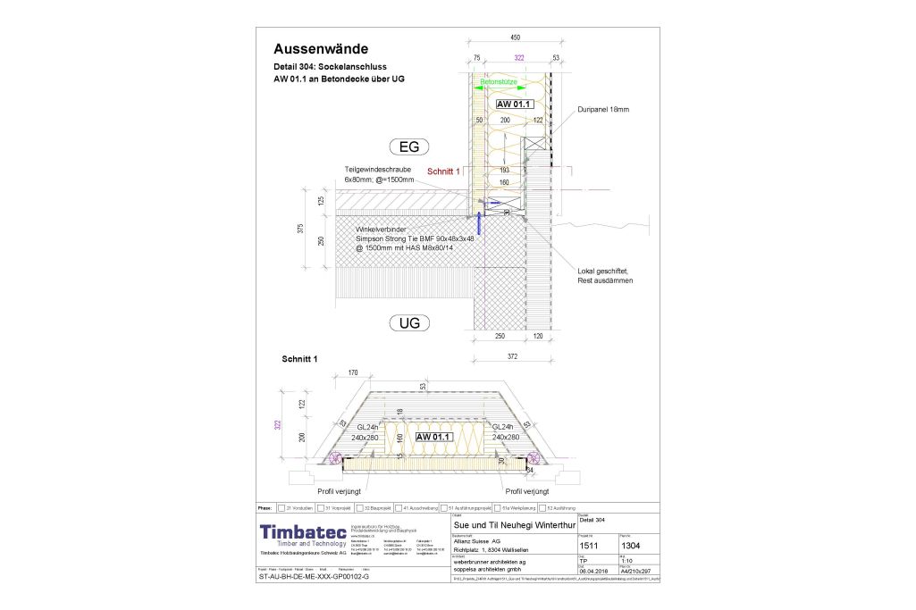 Aussenwand und Sockel M 1:10. Zeichnung: Timbatec, 2016