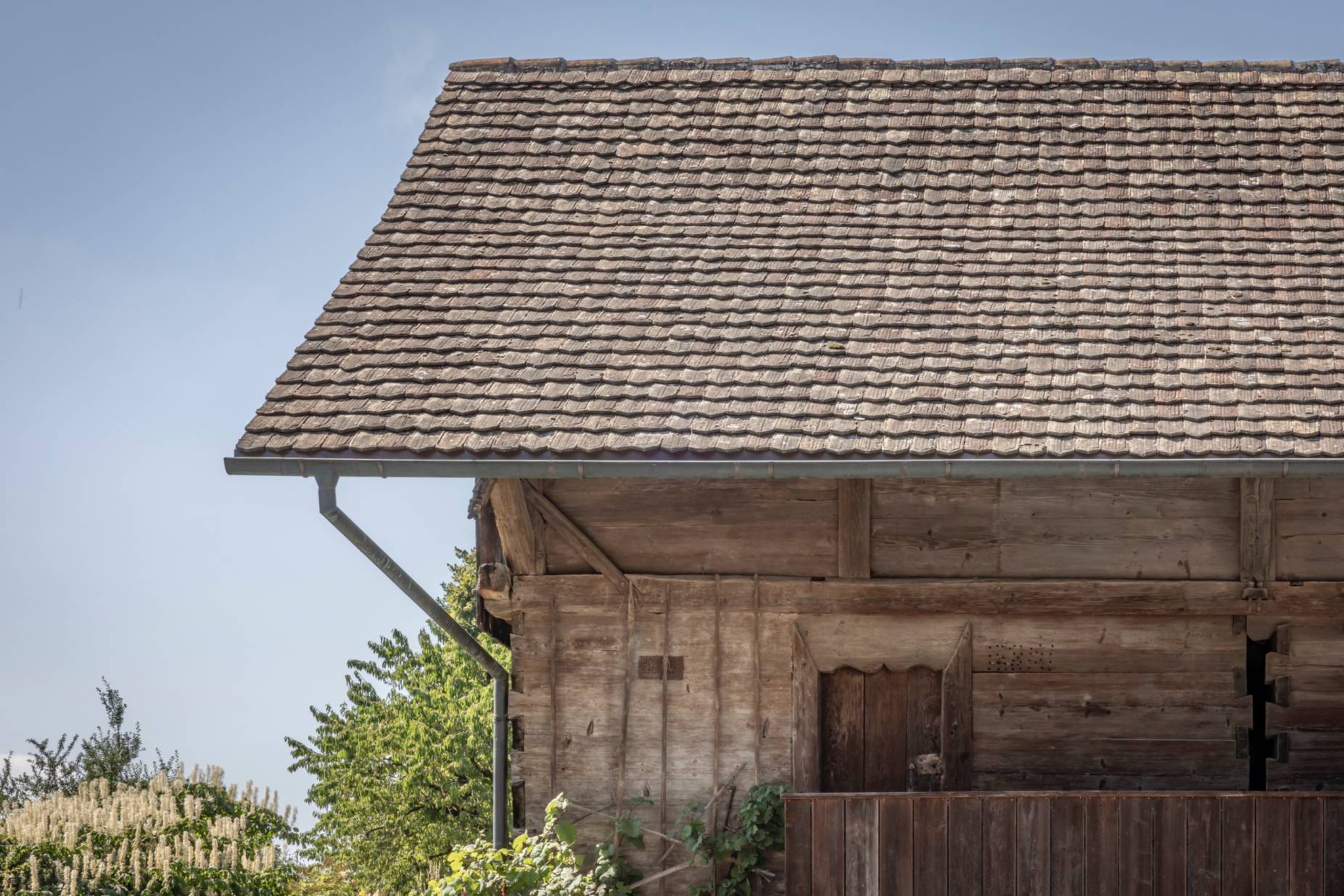 Fassade Ost, Detail Eingangstür mit Eselsrücken und Mantelstüden. Foto Elia Schneider, 2023