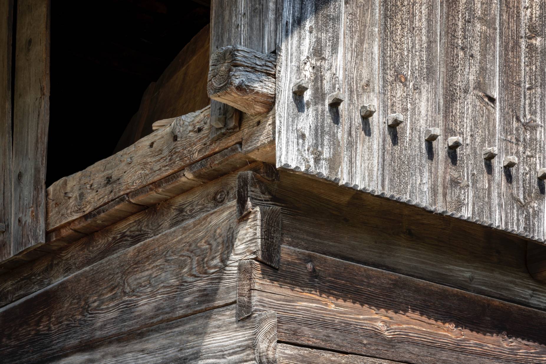 Nordostecke. Verbretterung des Ständerbaus und Schwalbenschwanzverkämmung des Blockbaus. Foto Elia Schneider, 2023